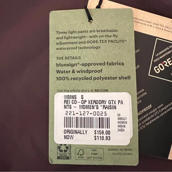 REI Co-op Xerodry GTX Pants Gore-Tex Paclite Waterproof in raisin gorpcore - Picture 9 of 14